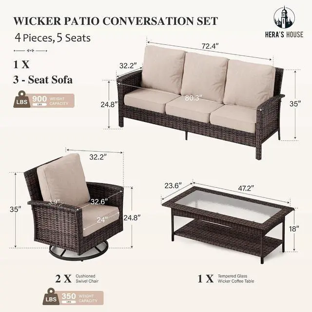 Alt view image 6 of 7 - HERA'S HOUSE 4-Piece Patio Furniture Set with High Back Chairs, Beige | Outdoor Wicker Conversation Sofa w/5.5" Thick Cushion. 2x Swivel Chairs +Couch +Coffee Table. for Deck Lawn Garden