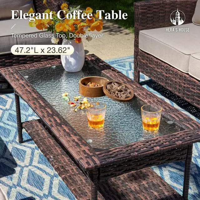 Alt view image 7 of 7 - HERA'S HOUSE 6-Piece Patio Furniture Set with High Back Chairs, Beige | Outdoor Wicker Swivel Chairs w/5.5" Thick Cushion, Coffee Table &Ottomans, Deck Lawn Garden Conversation Sofa