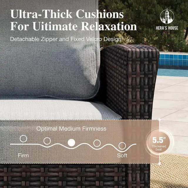 Alt view image 3 of 7 - HERA'S HOUSE 6-Piece Patio Furniture Set with High Back Chairs, Grey | Outdoor Wicker Conversation Sofa w/5.5" Thick Cushions. Couch +Swivel Chairs +Coffee Table +Ottomans. for Deck Lawn & Garden