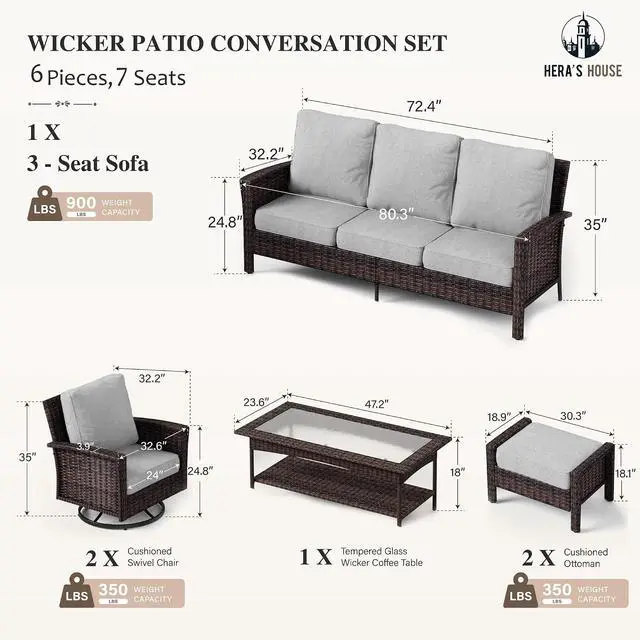Alt view image 6 of 7 - HERA'S HOUSE 6-Piece Patio Furniture Set with High Back Chairs, Grey | Outdoor Wicker Conversation Sofa w/5.5" Thick Cushions. Couch +Swivel Chairs +Coffee Table +Ottomans. for Deck Lawn & Garden