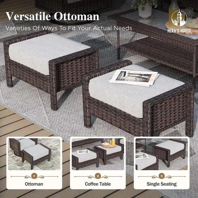 Alt view image 5 of 7 - HERA'S HOUSE 6-Piece Patio Furniture Set with High Back Chairs, Grey | Outdoor Wicker Conversation Sofa w/5.5" Thick Cushions. Couch +Swivel Chairs +Coffee Table +Ottomans. for Deck Lawn & Garden