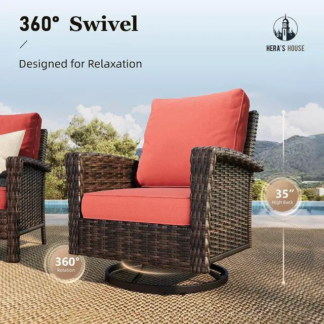 Alt view image 3 of 7 - HERA'S HOUSE 4-Piece Patio Furniture Set with High Back Chairs, Red | Outdoor Wicker Conversation Sofa w/5.5" Thick Cushion. 2x Swivel Chairs +Couch +Coffee Table. for Deck Lawn Garden