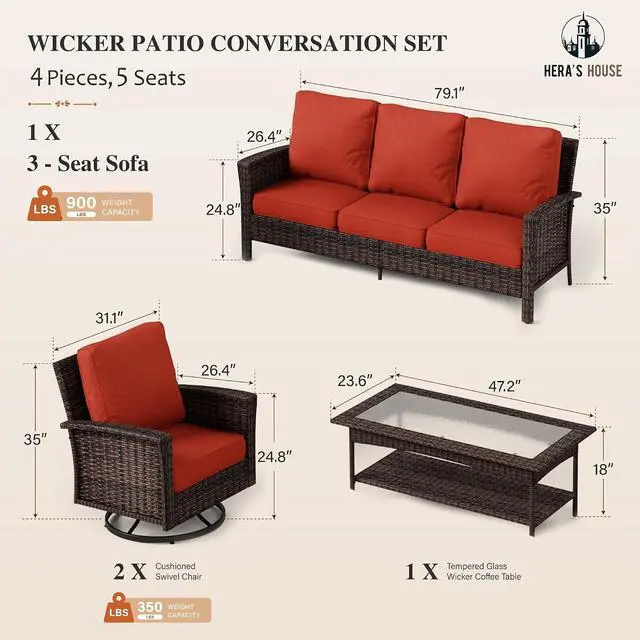 Alt view image 6 of 7 - HERA'S HOUSE 4-Piece Patio Furniture Set with High Back Chairs, Red | Outdoor Wicker Conversation Sofa w/5.5" Thick Cushion. 2x Swivel Chairs +Couch +Coffee Table. for Deck Lawn Garden