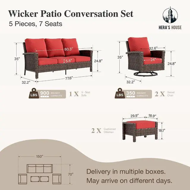 Alt view image 2 of 5 - HERA'S HOUSE 5-Piece Red Patio Furniture Set with High Back Swivel Chairs | Outdoor Sofa Set with Ottomans, Brown Wicker Conversation Set with 5.5 Thick Cushion for Deck Porch Garden Lawn