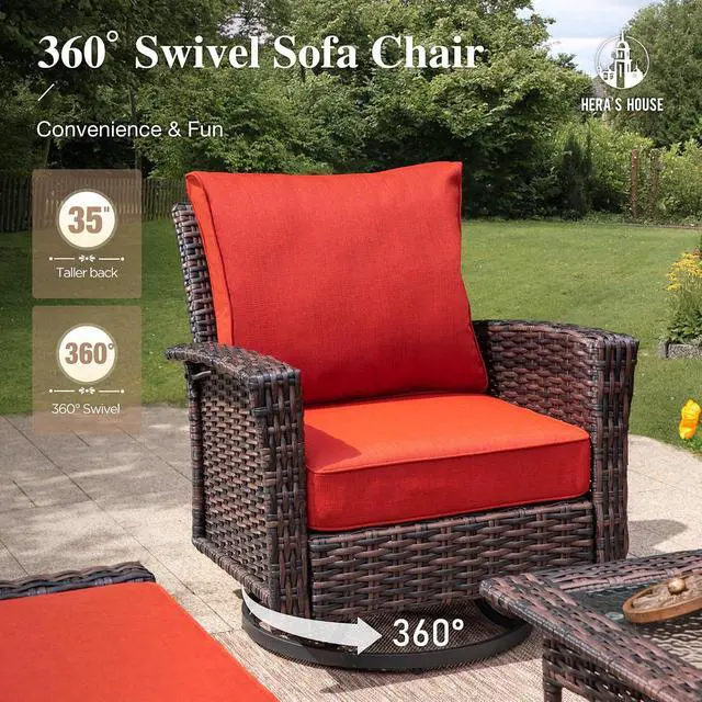 Alt view image 3 of 5 - HERA'S HOUSE 5-Piece Red Patio Furniture Set with High Back Swivel Chairs | Outdoor Sofa Set with Ottomans, Brown Wicker Conversation Set with 5.5 Thick Cushion for Deck Porch Garden Lawn