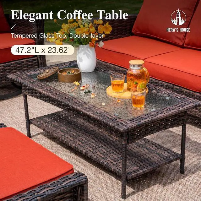 Alt view image 7 of 7 - HERA'S HOUSE 4-Piece Patio Furniture Set with High Back Chairs, Red | Outdoor Wicker Conversation Sofa w/5.5" Thick Cushion. 2x Swivel Chairs +Couch +Coffee Table. for Deck Lawn Garden