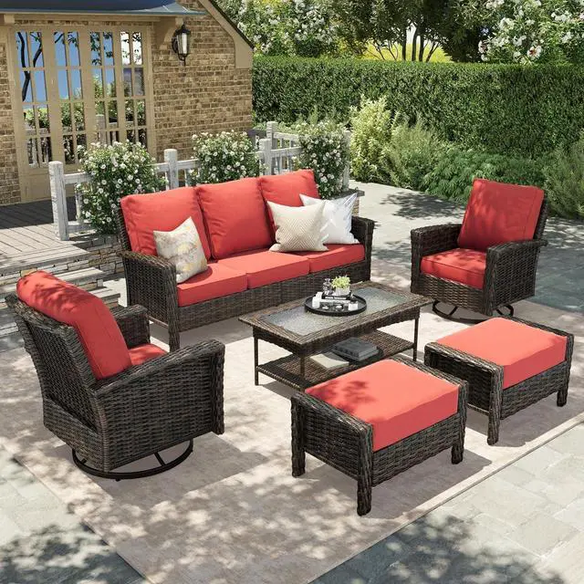 Main image of HERA'S HOUSE 6-Piece Patio Furniture Set with High Back Chairs, Red | Outdoor Wicker Conversation Sofa w/5.5" Thick Cushions. Couch +Swivel Chairs +Coffee Table +Ottomans. for Deck Lawn & Garden