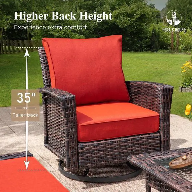 Alt view image 4 of 7 - HERA'S HOUSE 6-Piece Patio Furniture Set with High Back Chairs, Red | Outdoor Wicker Conversation Sofa w/5.5" Thick Cushions. Couch +Swivel Chairs +Coffee Table +Ottomans. for Deck Lawn & Garden