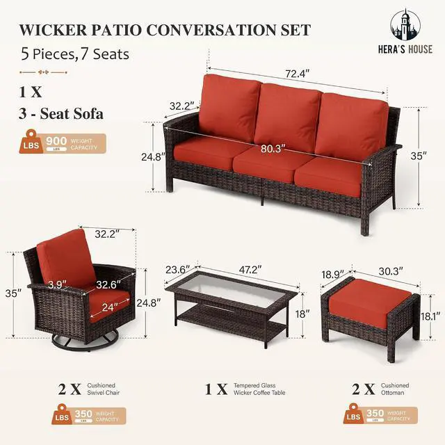 Alt view image 6 of 7 - HERA'S HOUSE 6-Piece Patio Furniture Set with High Back Chairs, Red | Outdoor Wicker Conversation Sofa w/5.5" Thick Cushions. Couch +Swivel Chairs +Coffee Table +Ottomans. for Deck Lawn & Garden