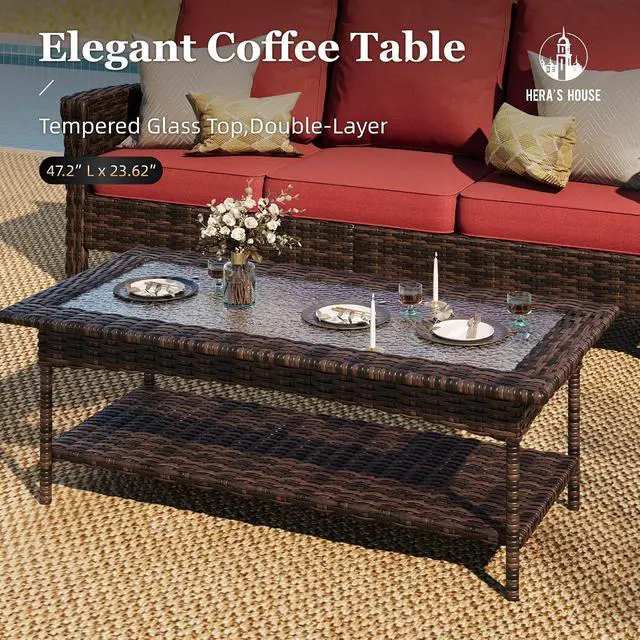 Alt view image 7 of 7 - HERA'S HOUSE 6-Piece Patio Furniture Set with High Back Chairs, Red | Outdoor Wicker Conversation Sofa w/5.5" Thick Cushions. Couch +Swivel Chairs +Coffee Table +Ottomans. for Deck Lawn & Garden