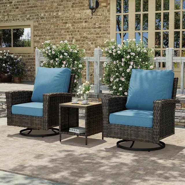Main image of HERA'S HOUSE 3-Piece Patio Furniture with High Back Swivel Chairs, Blue | Outdoor Wicker Chairs Set of 2 & Coffee Table, Deep Seating Sofa w/5.5" Thick Cushion, for Deck Porch Lawn Garden