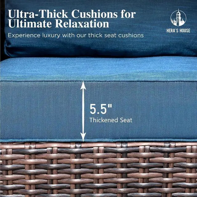 Alt view image 3 of 7 - HERA'S HOUSE 3-Piece Patio Furniture with High Back Swivel Chairs, Blue | Outdoor Wicker Chairs Set of 2 & Coffee Table, Deep Seating Sofa w/5.5" Thick Cushion, for Deck Porch Lawn Garden