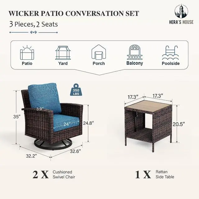 Alt view image 6 of 7 - HERA'S HOUSE 3-Piece Patio Furniture with High Back Swivel Chairs, Blue | Outdoor Wicker Chairs Set of 2 & Coffee Table, Deep Seating Sofa w/5.5" Thick Cushion, for Deck Porch Lawn Garden