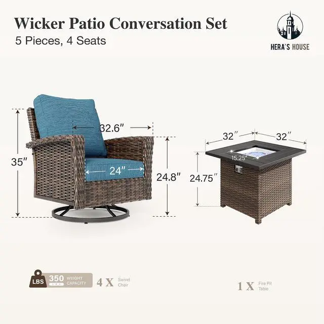 Alt view image 2 of 7 - HERA'S HOUSE 5-Piece Patio Furniture Set with Fire Pit, Blue | High Back Outdoor Swivel Chairs, Wicker Conversation Sets with 5.5" Thick Cushions, All-Weather Deep Seating Sofa for Deck