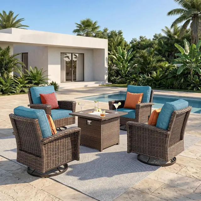 Main image of HERA'S HOUSE 5-Piece Patio Furniture Set with Fire Pit, Blue | High Back Outdoor Swivel Chairs, Wicker Conversation Sets with 5.5" Thick Cushions, All-Weather Deep Seating Sofa for Deck