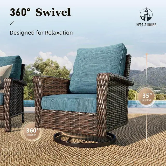 Alt view image 4 of 7 - HERA'S HOUSE 5pcs Patio Furniture Set with High Back Swivel Chairs, Blue | Outdoor Sofa Set with Ottomans, Brown Wicker Conversation Set with 5.5 Thick Cushion for Deck Porch Garden Lawn