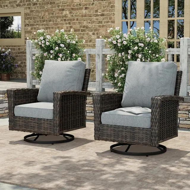Main image of HERA'S HOUSE Patio Furniture with High Back Swivel Chairs, Grey | Outdoor Wicker Chairs Set of 2 with Coffee Table & 5.5" Thick Cushion, Deck Porch Lawn Garden Bistro Sets