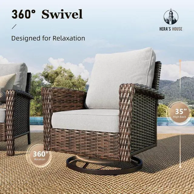 Alt view image 2 of 7 - HERA'S HOUSE 6-Piece Patio Furniture Set with High Back Chairs, Grey | Outdoor Wicker Conversation Sofa w/5.5" Thick Cushions. Couch +Swivel Chairs +Coffee Table +Ottomans. for Deck Lawn & Garden