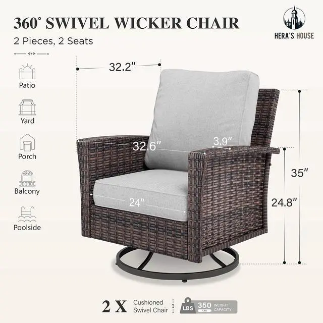 Alt view image 6 of 7 - HERA'S HOUSE Patio Furniture with High Back Swivel Chairs, Grey | Outdoor Wicker Chairs Set of 2 with Coffee Table & 5.5" Thick Cushion, Deck Porch Lawn Garden Bistro Sets