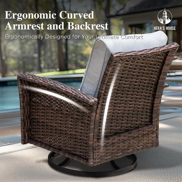 Alt view image 7 of 7 - HERA'S HOUSE Patio Furniture with High Back Swivel Chairs, Grey | Outdoor Wicker Chairs Set of 2 with Coffee Table & 5.5" Thick Cushion, Deck Porch Lawn Garden Bistro Sets