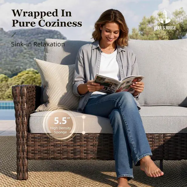Alt view image 3 of 7 - HERA'S HOUSE 4-Piece Patio Furniture Set with High Back Chairs, Grey | Outdoor Wicker Conversation Sofa w/5.5" Thick Cushion. 2x Swivel Chairs +Couch +Coffee Table. for Deck Lawn Garden