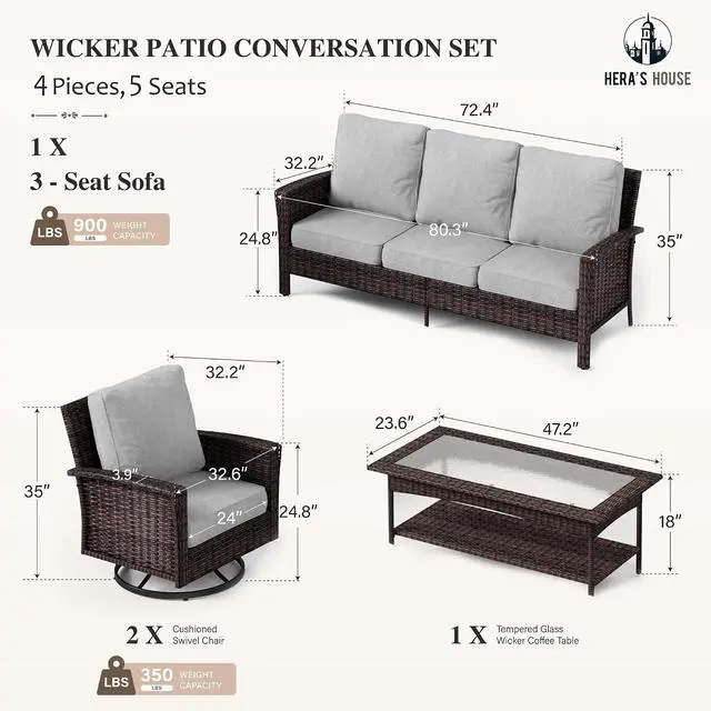 Alt view image 6 of 7 - HERA'S HOUSE 4-Piece Patio Furniture Set with High Back Chairs, Grey | Outdoor Wicker Conversation Sofa w/5.5" Thick Cushion. 2x Swivel Chairs +Couch +Coffee Table. for Deck Lawn Garden