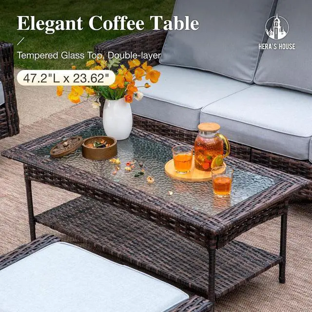 Alt view image 7 of 7 - HERA'S HOUSE 4-Piece Patio Furniture Set with High Back Chairs, Grey | Outdoor Wicker Conversation Sofa w/5.5" Thick Cushion. 2x Swivel Chairs +Couch +Coffee Table. for Deck Lawn Garden