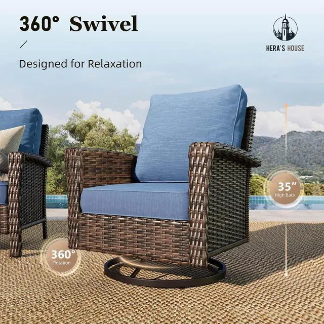 Alt view image 5 of 7 - HERA'S HOUSE 8-Piece Patio Furniture Set with Fire Pit, Blue | Outdoor High Back Swivel Chairs w/5.5" Thick Cushion, All-Weather Wicker Conversation Sofa, for Deck Lawn Garden