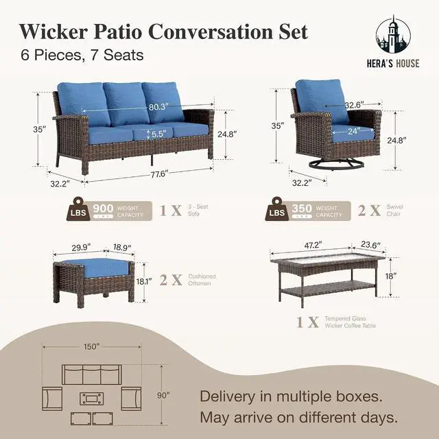 Alt view image 2 of 7 - HERA'S HOUSE 6-Piece Patio Furniture Set with High Back Chairs, Blue | Outdoor Wicker Swivel Chairs w/5.5" Thick Cushion, Coffee Table &Ottomans, Deck Lawn Garden Conversation Sofa