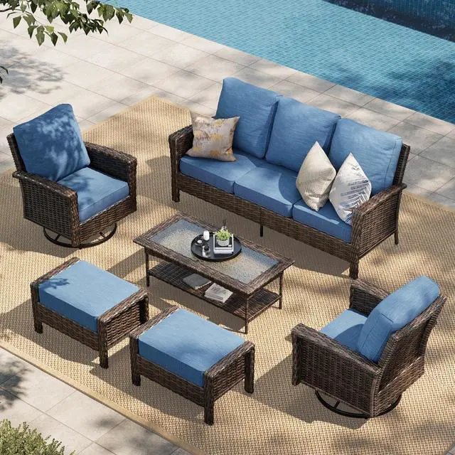 Main image of HERA'S HOUSE 6-Piece Patio Furniture Set with High Back Chairs, Blue | Outdoor Wicker Swivel Chairs w/5.5" Thick Cushion, Coffee Table &Ottomans, Deck Lawn Garden Conversation Sofa