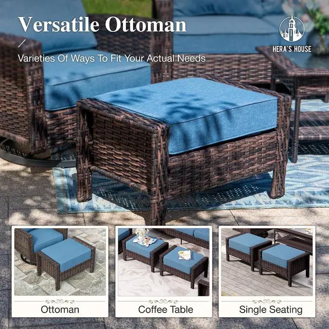 Alt view image 6 of 7 - HERA'S HOUSE 6-Piece Patio Furniture Set with High Back Chairs, Blue | Outdoor Wicker Swivel Chairs w/5.5" Thick Cushion, Coffee Table &Ottomans, Deck Lawn Garden Conversation Sofa