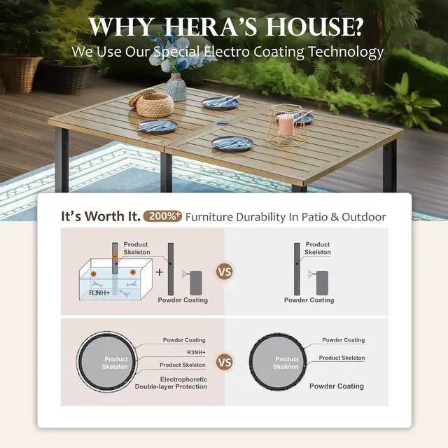 Alt view image 3 of 7 - HERA'S HOUSE 7-Piece Patio Dining Set, Rattan Chairs, Rectangular Table | Patio Dining Set, 6 Outdoor Rattan Armchair with Beige Removable Cushions, Rectangular Wood-like Metal Dining Table