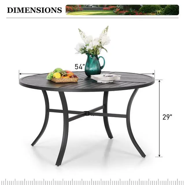 Alt view image 3 of 7 - HERA'S HOUSE Patio Round Table w/Umbrella Hole, Metal Table for 6, Black | 54" wrought iron dining table. Slatted top design, weather resistant. Perfect for outdoor deck, porch, backyard.
