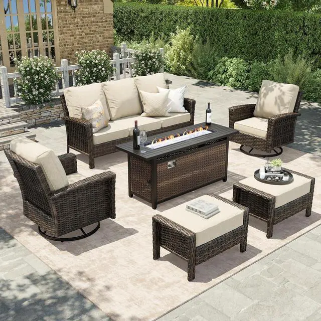 Main image of HERA'S HOUSE 6-Piece Patio Furniture Set with Fire Pit, Beige | Outdoor High Back Swivel Chairs w/5.5" Thick Cushion & Ottomans. Brown Wicker Conversation Sofa. for Deck Lawn Garden