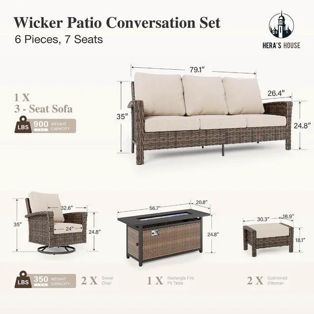 Alt view image 6 of 7 - HERA'S HOUSE 6-Piece Patio Furniture Set with Fire Pit, Beige | Outdoor High Back Swivel Chairs w/5.5" Thick Cushion & Ottomans. Brown Wicker Conversation Sofa. for Deck Lawn Garden