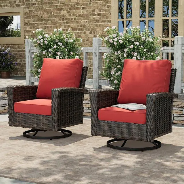 Main image of HERA'S HOUSE Patio Furniture with High Back Swivel Chairs, Red | Outdoor Wicker Chairs Set of 2 with Coffee Table & 5.5" Thick Cushion, for Deck Porch Lawn Garden
