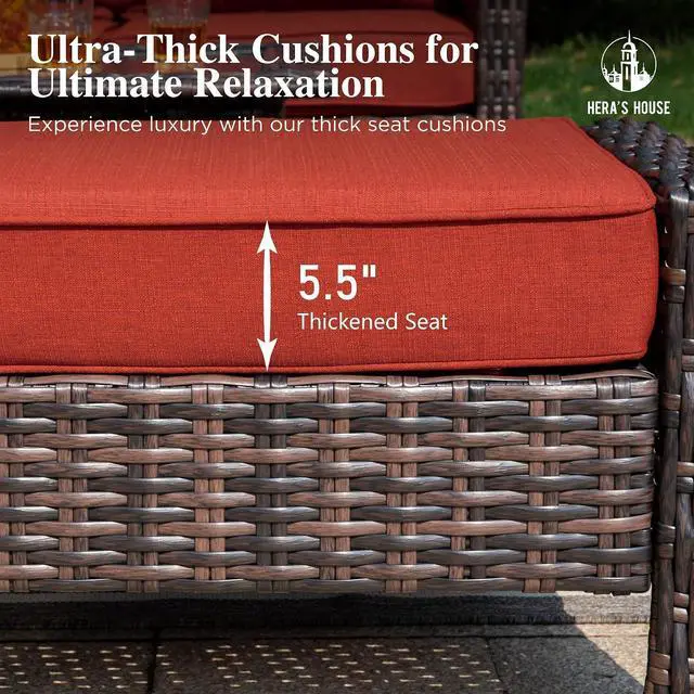 Alt view image 4 of 7 - HERA'S HOUSE Patio Furniture with High Back Swivel Chairs, Red | Outdoor Wicker Chairs Set of 2 with Coffee Table & 5.5" Thick Cushion, for Deck Porch Lawn Garden