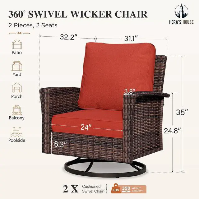 Alt view image 6 of 7 - HERA'S HOUSE Patio Furniture with High Back Swivel Chairs, Red | Outdoor Wicker Chairs Set of 2 with Coffee Table & 5.5" Thick Cushion, for Deck Porch Lawn Garden