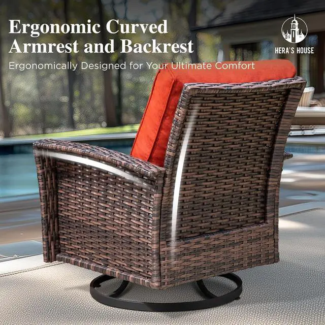 Alt view image 7 of 7 - HERA'S HOUSE Patio Furniture with High Back Swivel Chairs, Red | Outdoor Wicker Chairs Set of 2 with Coffee Table & 5.5" Thick Cushion, for Deck Porch Lawn Garden