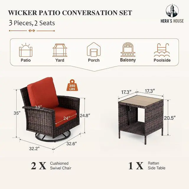 Alt view image 6 of 7 - HERA'S HOUSE 3-Piece Patio Furniture with High Back Swivel Chairs, Red | Outdoor Wicker Chairs Set of 2 & Coffee Table, Deep Seating Sofa w/5.5" Thick Cushion, for Deck Porch Lawn Garden