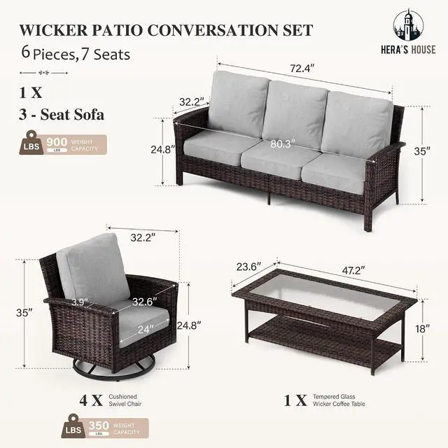 Alt view image 5 of 7 - HERA'S HOUSE 7-Seat Patio Furniture Set with High Back Chairs, Grey | Outdoor Wicker Conversation Sofa Sets w/5.5" Thick Cushions. 4 Swivel Chairs +Couch +Coffee Table. for Deck Lawn & Garden