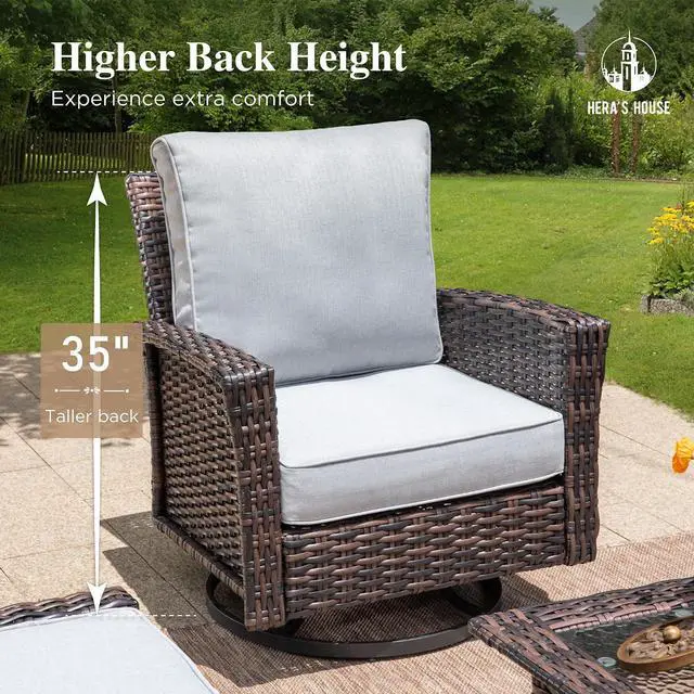 Alt view image 6 of 7 - HERA'S HOUSE 7-Seat Patio Furniture Set with High Back Chairs, Grey | Outdoor Wicker Conversation Sofa Sets w/5.5" Thick Cushions. 4 Swivel Chairs +Couch +Coffee Table. for Deck Lawn & Garden