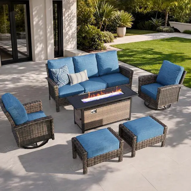 Main image of HERA'S HOUSE 6-Piece Patio Furniture Set with Fire Pit, Blue | Outdoor High Back Swivel Chairs w/5.5" Thick Cushion & Ottomans. Brown Wicker Conversation Sofa. for Deck Lawn Garden