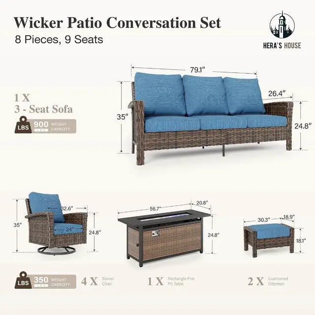 Alt view image 2 of 7 - HERA'S HOUSE 8-Piece Patio Furniture Set with Fire Pit, Blue | Outdoor High Back Swivel Chairs w/5.5" Thick Cushion, All-Weather Wicker Conversation Sofa, for Deck Lawn Garden