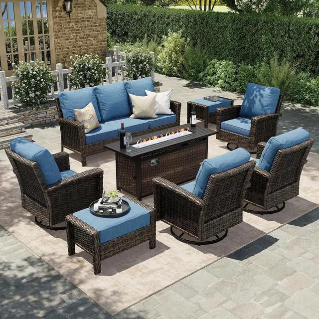 Main image of HERA'S HOUSE 8-Piece Patio Furniture Set with Fire Pit, Blue | Outdoor High Back Swivel Chairs w/5.5" Thick Cushion, All-Weather Wicker Conversation Sofa, for Deck Lawn Garden
