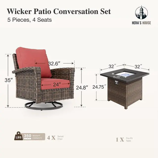 Alt view image 6 of 7 - HERA'S HOUSE 5-Piece Patio Furniture Set with Fire Pit, Red | High Back Outdoor Swivel Chairs, Wicker Conversation Sets with 5.5" Thick Cushions, All-Weather Deep Seating Sofa for Deck