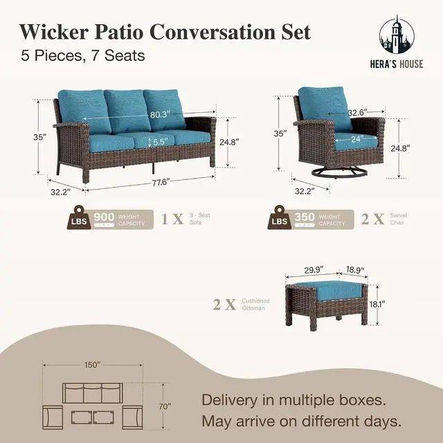 Alt view image 2 of 7 - HERA'S HOUSE 5pcs Patio Furniture Set with High Back Swivel Chairs, Blue | Outdoor Sofa Set with Ottomans, Brown Wicker Conversation Set with 5.5 Thick Cushion for Deck Porch Garden Lawn