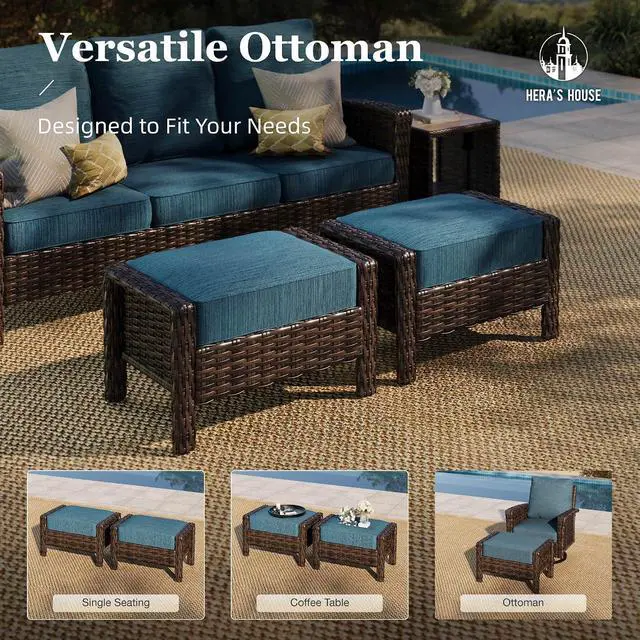 Alt view image 7 of 7 - HERA'S HOUSE 5pcs Patio Furniture Set with High Back Swivel Chairs, Blue | Outdoor Sofa Set with Ottomans, Brown Wicker Conversation Set with 5.5 Thick Cushion for Deck Porch Garden Lawn
