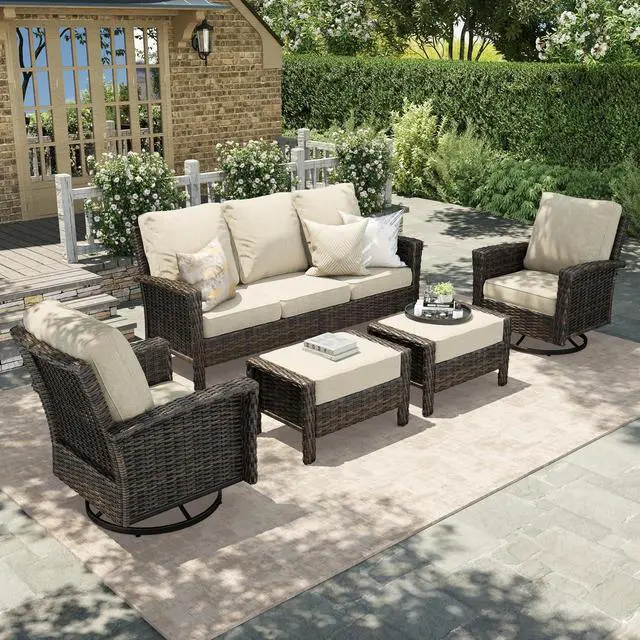 Main image of HERA'S HOUSE 5-Piece Patio Furniture Set with High Back Chairs, Beige | Outdoor Wicker Conversation Sofa w/5.5" Thick Cushion. 2 Swivel Chairs &Couch & 2 Ottomans. for Deck Lawn Garden