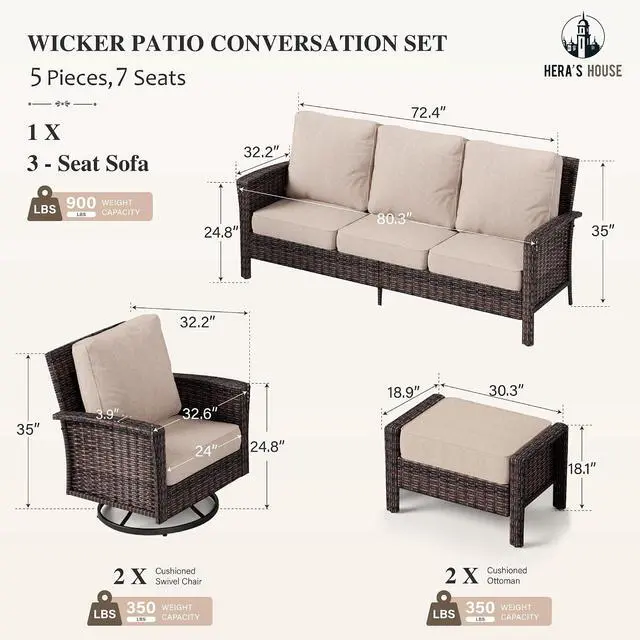 Alt view image 6 of 7 - HERA'S HOUSE 5-Piece Patio Furniture Set with High Back Chairs, Beige | Outdoor Wicker Conversation Sofa w/5.5" Thick Cushion. 2 Swivel Chairs &Couch & 2 Ottomans. for Deck Lawn Garden